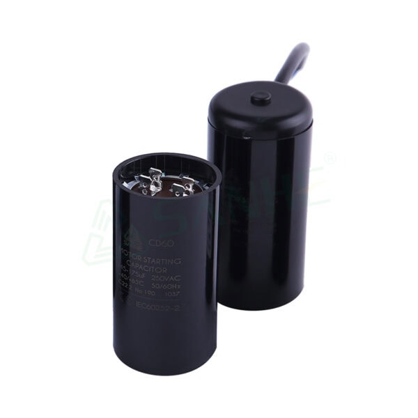 High-quality motor capacitor CD60 used in HVAC systems for motor starting and running, with durable black casing and electrical terminals.